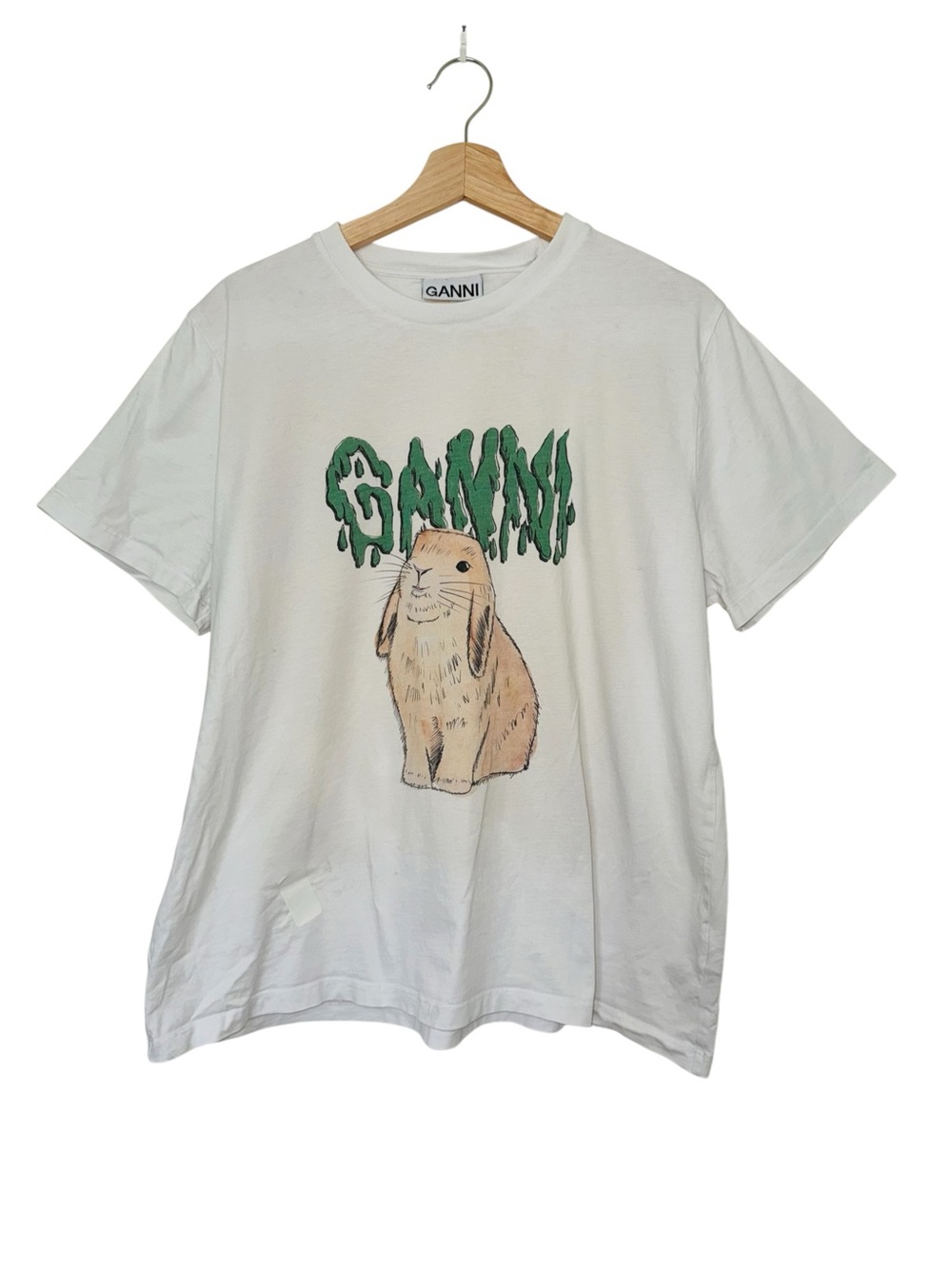 Ganni White Tee with Green Logo and Tan Bunny Graphic XL
